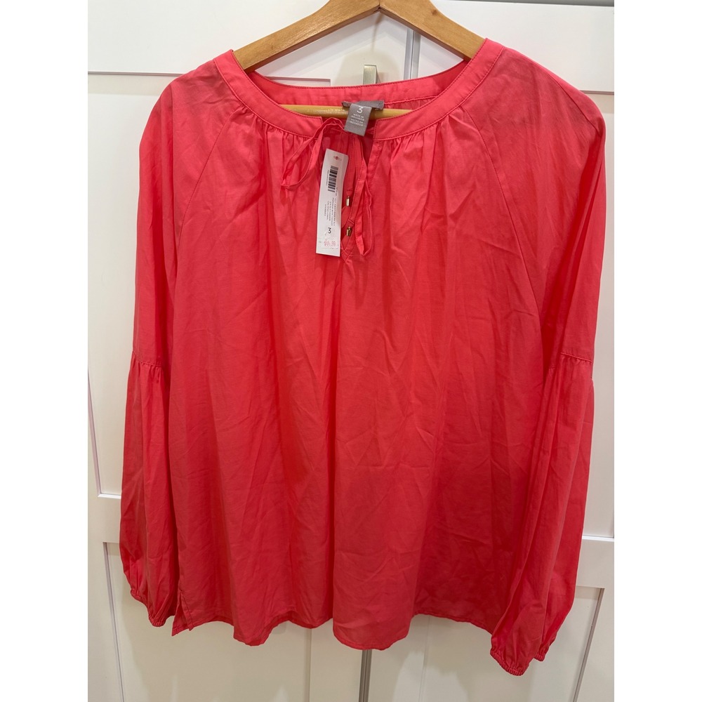 Chicos Calypso Coral Raglan Popover Blouse Tassel Tie Size 3 (XL) NWT